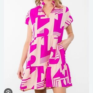 NEW NWT THML Pink Magenta Short Sleeve Flowy Frill Dress Size S Summer Sundress